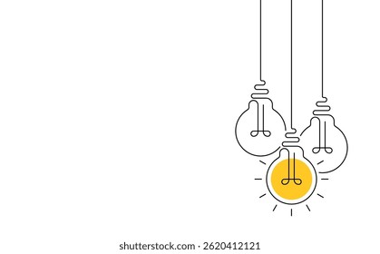 Lâmpadas suspensas com um fundo branco brilhante. Lâmpada de desenho de linha contínua. Conceito de ideia

