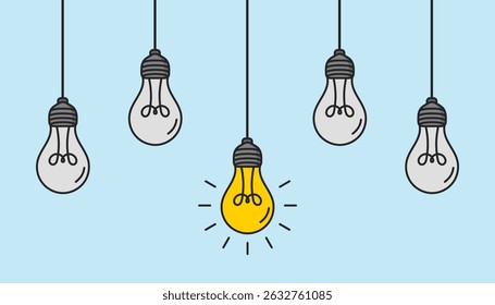 Hanging light bulbs with one glowing on white background. Concept of idea