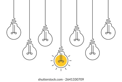 Hanging light bulbs with one glowing on white background. Continuous line drawing light bulb. Concept of idea
