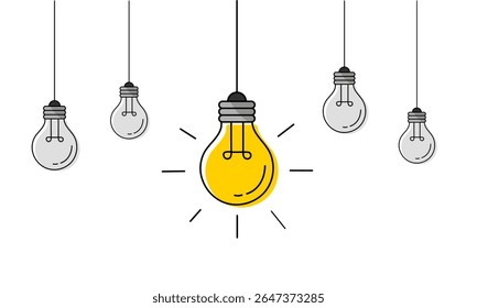 Lâmpadas suspensas com um fundo branco brilhante. Lâmpada de desenho de linha contínua. Conceito de ideia