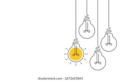Hängende Glühbirnen mit einer leuchtenden auf weißem Hintergrund. Glühlampe mit durchgehender Linienzeichnung. Konzept der Idee
