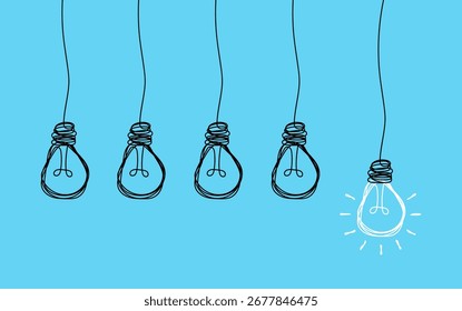 Lâmpadas suspensas com uma lâmpada incandescente no fundo azul, simbolizando ideia, criatividade, inovação, solução e inspiração.