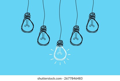 Hanging light bulbs with one glowing bulb on blue background, symbolizing idea, creativity, innovation, solution, and inspiration.