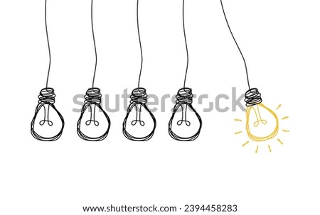 Hanging light bulbs with one glowing on white background. Concept of idea
