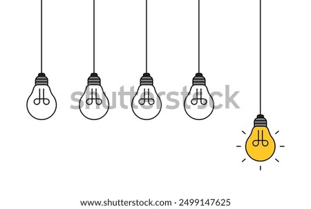 Hanging light bulbs with one glowing on white background. Concept of idea