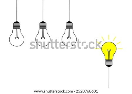 Hanging light bulbs with one glowing on white background. Concept of new idea, problem solving. Vector illustration in flat style. Design for banners, prints, posters