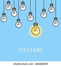 Hanging light bulbs with one lighted. Problem solution. Line style. 