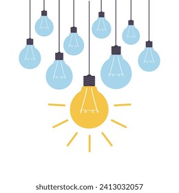 Hanging light bulbs with one of them glowing. Creative or innovative idea. Unique insight. Success or failure. Lightbulbs group. Business solution. Brainstorm inspiration. Vector concept