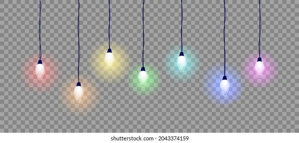 Bombillas colgadas en colores arcoiris. Concepto de ilustración vectorial. Luces decorativas coloridas. Decoración de vacaciones.