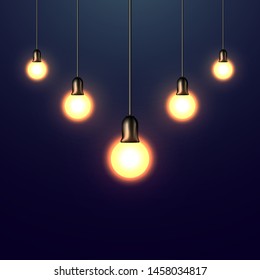 Hanging light bulbs Realistic with glowing light on blue background. Vector illustration