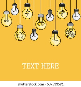 Hanging light bulbs with some lighted. Creative idea illustration. Problem solution. Line style. Inspiration background. Technology innovation discovery. Electric power.