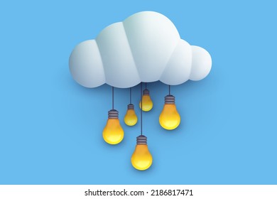 Hanging light bulbs from white cloud. 3d realistic vector illustration in minimal modern cartoon style. Creative glossy plastic concept design. Decorative ecology composition banner.