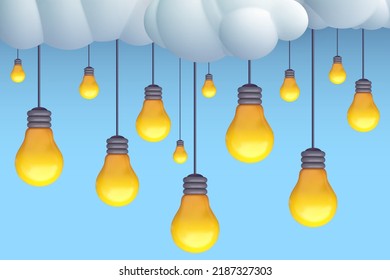 Hanging light bulbs from white cloud. 3d realistic vector illustration in minimal modern cartoon style. Creative glossy plastic concept design. Decorative ecology composition banner.