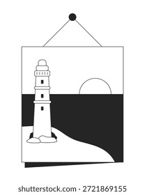 Hängende Leuchtturm Wandkunst mit Sonnenuntergang 2D Linie Objekt. Dekoratives Plakat mit Küsten-Leuchtfeuer am Meer. Meer maritimen Dekor einzelne Clipart Vektor Tinte Umriss Element. Schwarzweißdarstellung