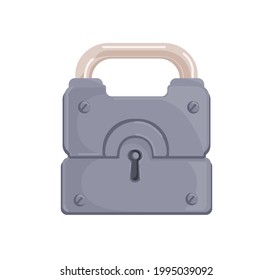 Hanging locked iron padlock with closed metal shackle and keyhole. Realistic protecting mechanism for lockers and safes as symbol of security. Flat cartoon vector illustration isolated on white
