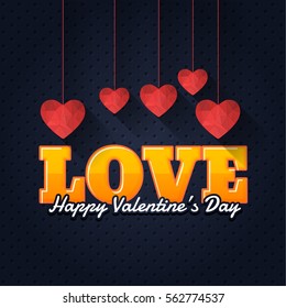 Hanging Long Shadow Style Polygonal Hearts. Stylish Love Text. Happy Valentine's Day Postcard, Web Banner Celebration Design. Greeting Card, Vector Elements Background or Flyer, Poster