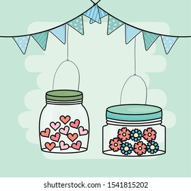 hanging mason jars flowers garlands decoration vector illustration