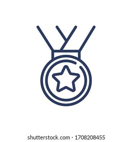 Hanging medal thin line icon. Honor, award, glory, victory isolated outline sign. Triumph or achievement concept. Vector illustration symbol element for web design and apps