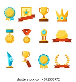 Hanging medals, glass awards, gold cups and crowns collection on white. Vector poster of prizes and rewards made of glass and gold with precious stones, on colourful tapes and stands in flat style