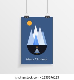 Hanging merry christmas poster design with festive winter scene and a little christmas tree icon.
