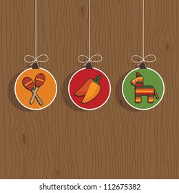 hanging mexican decorations on wood background, set 2