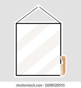 Hanging Mirror Vector Illustration Sticker. A minimalist hanging mirror sticker with a comb accessory, perfect for bathroom or bedroom decor and grooming themes