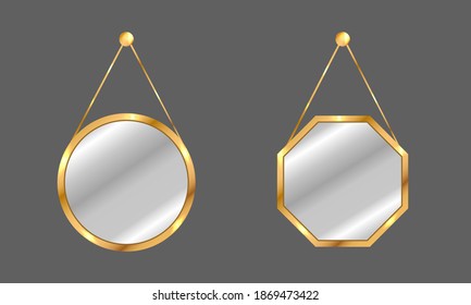 Hanging mirrors set. Circle and square mirrors with golden frame. Home decor. Realistic vector illustration in country style.