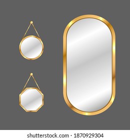 Hanging mirrors set. Circle and square mirrors with golden frame. Home decor. Realistic vector illustration in country style.
