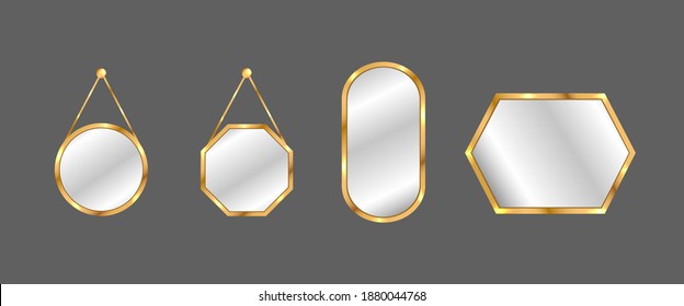 Hanging mirrors set. Circle and square mirrors with golden frame. Home decor. Realistic vector illustration in country style.