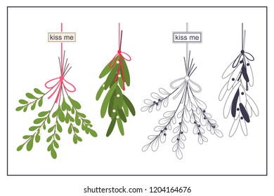 Hanging mistletoe branch with berries and a red bow. Vector cartoon flat set Isolated on white background.