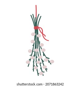 Hanging mistletoe branch with berries and a red ribbon vector cartoon illustration Isolated on white background.