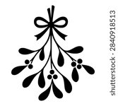 Hanging Mistletoe Bunch with Ribbon Bow and Berries, Black Silhouette