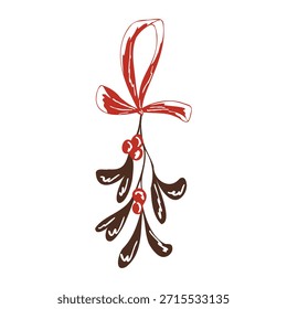 Muérdago colgante con un lazo rojo en estilo simple dibujado a mano. Arte de Antiguas con colores festivos para la celebración de Festiva. Vector ilustración caprichosa para tarjetas, embalaje, etiqueta engomada
