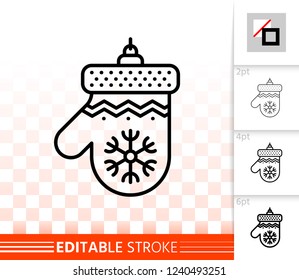 Hanging mitten thin line icon. Outline sign of glass figure. Christmas Tree Toy linear pictogram with different stroke width. New year simple vector symbol. Gantlet editable stroke icon without fill