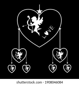Hanging mobile cupid on the black background, love symbol and valentines day design . shooting arrow cupids.happy valentines day vector. 