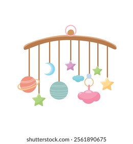 Hanging mobile with toys, cloud, star, moon. Flat vector illustration in cartoon style isolated on white background. Baby shower, baby element concept.