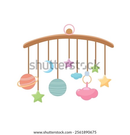 Hanging mobile with toys, cloud, star, moon. Flat vector illustration in cartoon style isolated on white background. Baby shower, baby element concept.