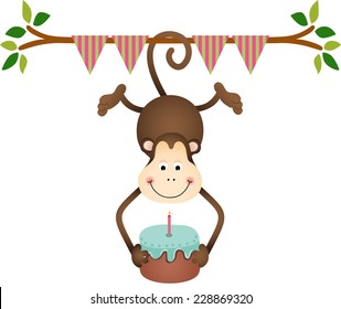 Hanging monkey holding a  birthday cake 