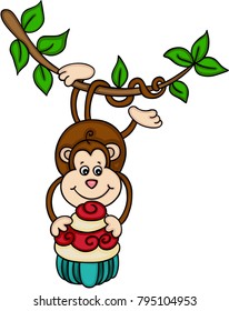 Hanging monkey holding a cupcake
