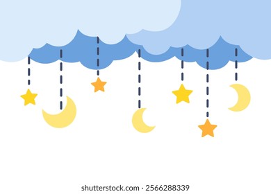 Hanging moon and star blue cloud border frame. Magical, bedtime, natural concepts. Flat decorative vector design isolated illustration.