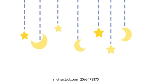Hanging moon and star border frame. Magical, bedtime, natural concepts. Flat decorative vector design isolated illustration.