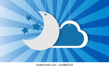 Hanging Moon Stars And Cloud - Vector Icons Over Blue Sunburst Background