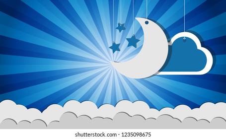 Hanging Moon Stars And Clouds - Vector Icons Over Blue Sunburst Background For Cards And Posters