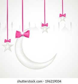 Hanging moon and stars on mosque silhouette grey background for holy month of Muslim community Ramadan Kareem. 