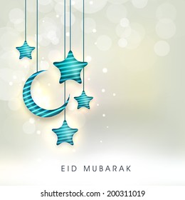 Hanging Mond und Sterne oder glänzender Hintergrund für Feierlichkeiten der muslimen Gemeinschaft Festival Eid Mubarak. 