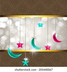 Hanging moon and stars with shiny grey and brown background for Muslim community festival Eid Mubarak celebrations. 
