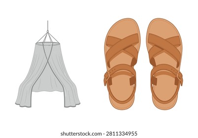 Hanging mosquito net hammock and summer leather sandals illustration vector set for outdoor camping adventure vacations.