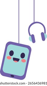 Mouse e tablet pendurados com rostos felizes, perfeito para ilustrações de aprendizagem digital, tecnológica e criativa com estilo kawaii.