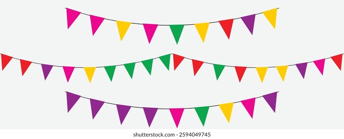Hanging multicolor triangle flags. Rainbow color pennants chain party. Colorful festival party bunting. EPS Vector illustration