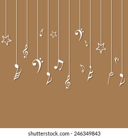 Hanging musical notes on light brown background.